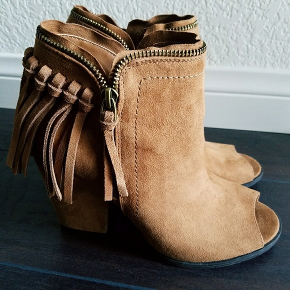 Cognac Faux Suede High Heel Bootie with Fringe Details Cognac Faux Suede High Heel Bootie with Fringe Details